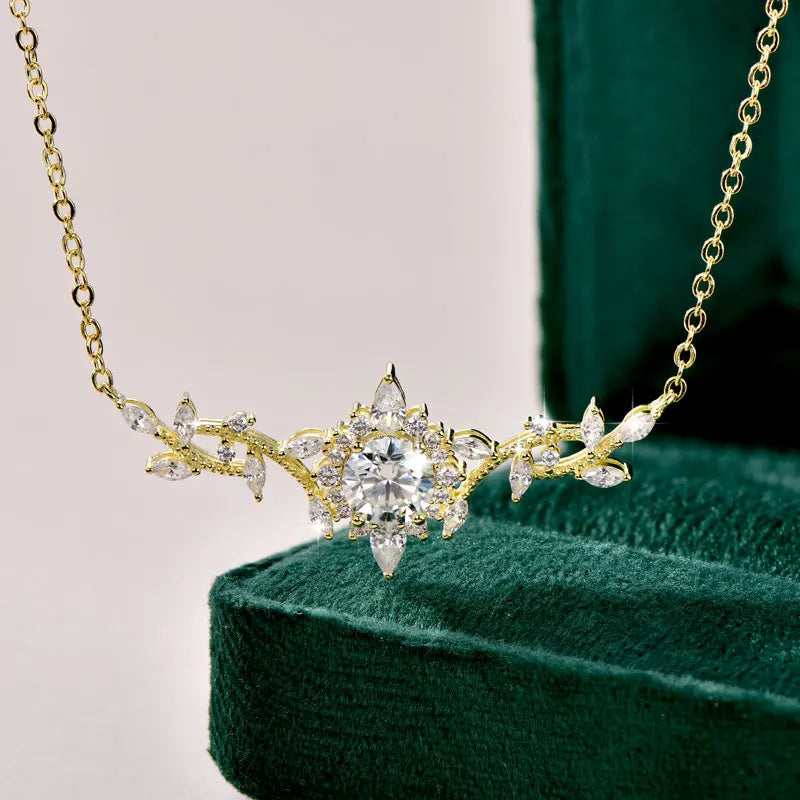 Lnngy Certificated Moissanite Necklace 14K Gold Filled Sophisticated Floral Leaf Pendant Necklaces for Women Wedding Jewelry