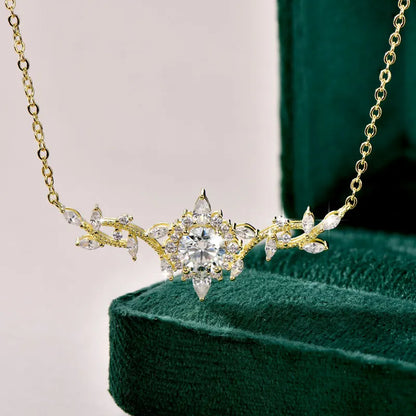 Lnngy Certificated Moissanite Necklace 14K Gold Filled Sophisticated Floral Leaf Pendant Necklaces for Women Wedding Jewelry
