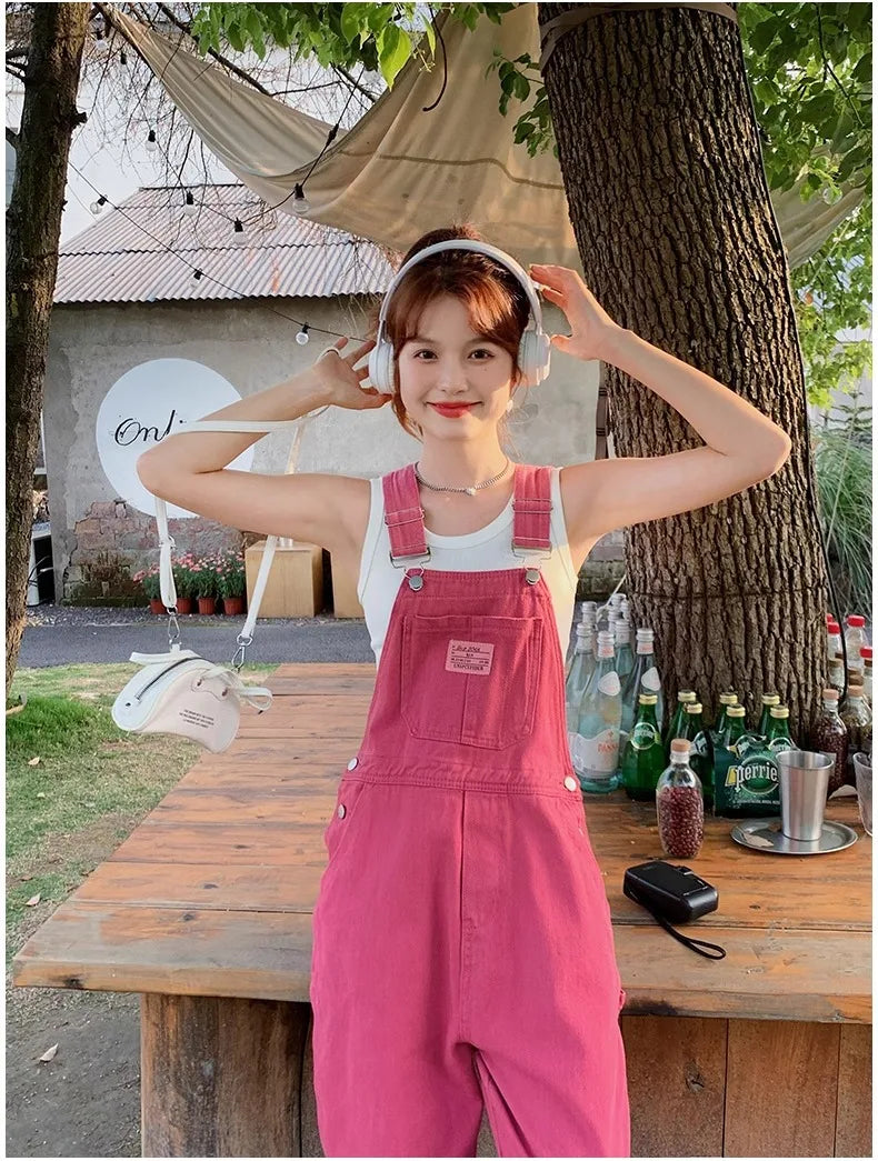 Vintage Pink Denim Overalls Adjustable Strap Wide Leg Jumpsuit Y2K Cute Campus Casual Pants