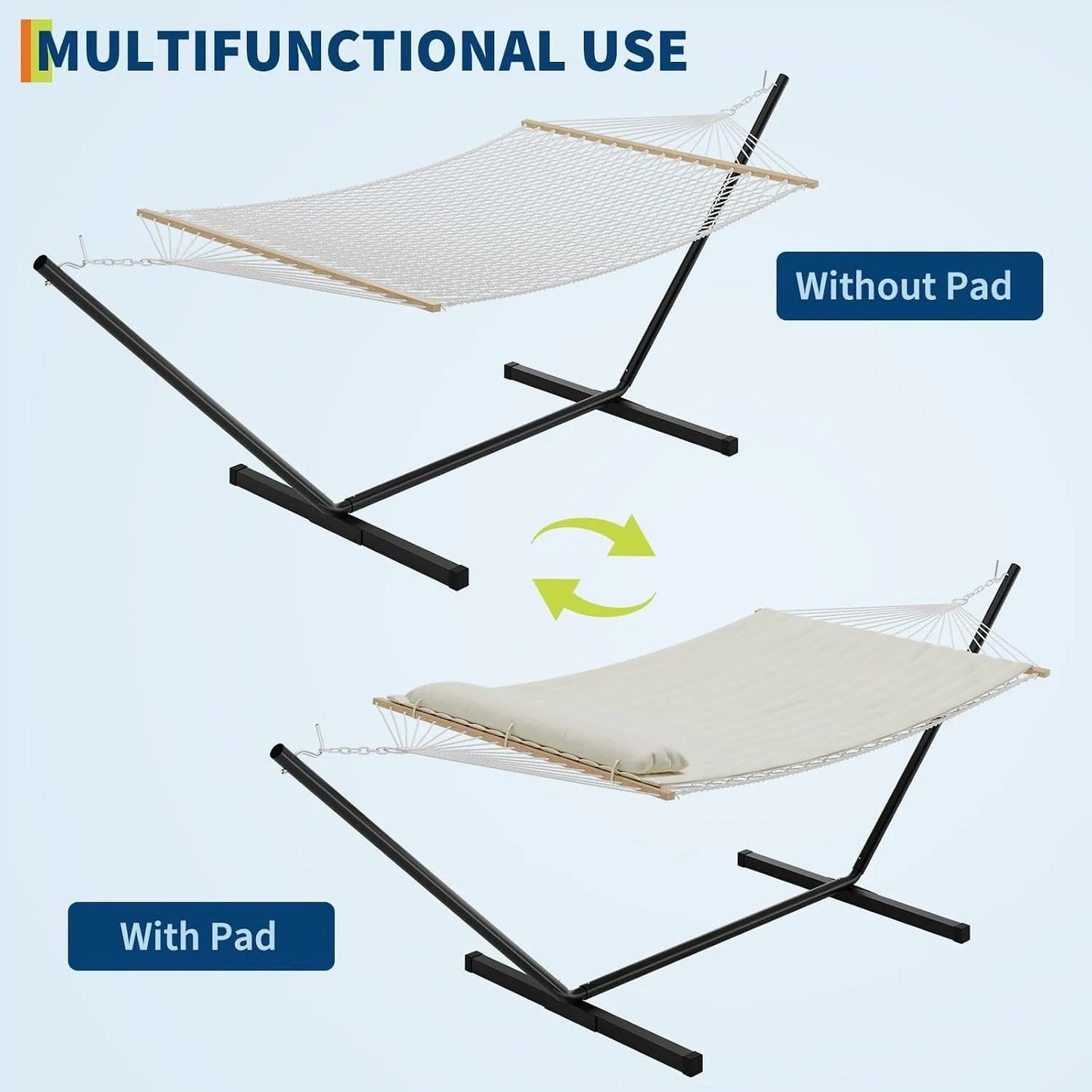 2 Person Outdoor Hammock with Stand, Heavy Duty Portable Hammock Set with Pillow & Balance Ropes, 450 Lb Capacity, UV-Resistant Poly-Cotton Fabric for Patio Backyard Beach, Beige
