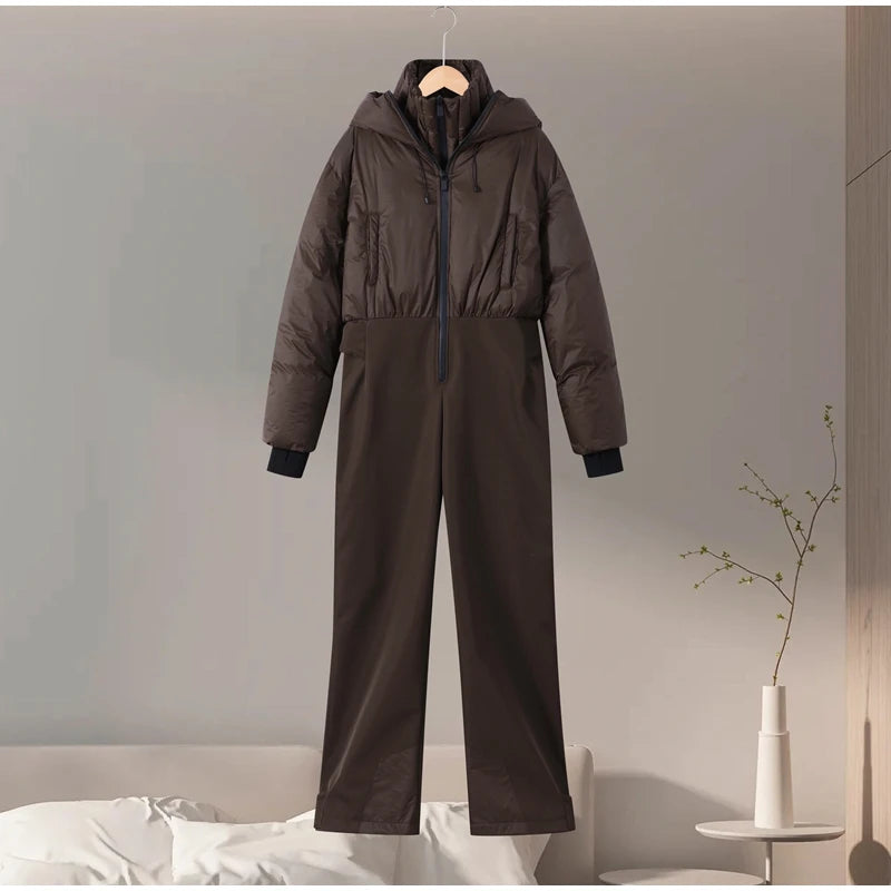 Detachable Hooded Ski Suit Jumpsuit Woman Zipper Color Blocked Long Sleeve Slim Warm Jumpsuits Sports Casual Women's Ski Suits