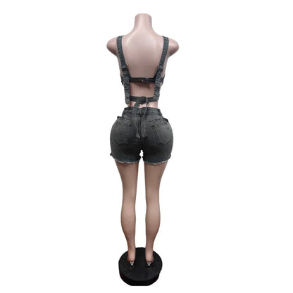 2 Piece Sets Women Denim Shorts Suit Sexy Vest Top Strap Backless Jeans Short Pants Pockets Outfits 2025 Streetwear Ensemble