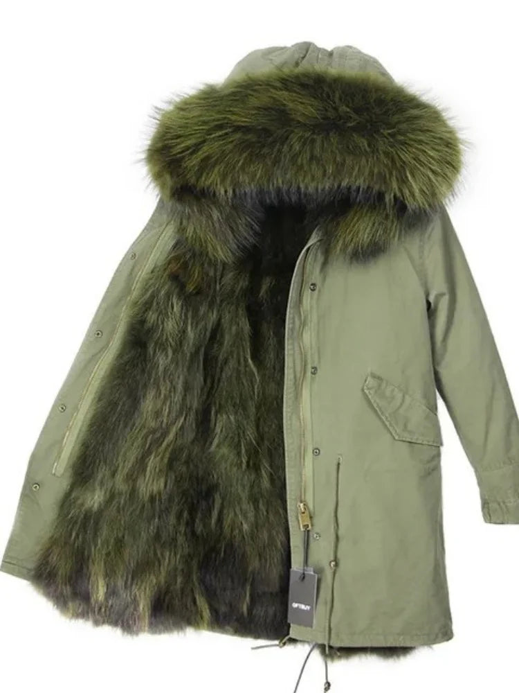 Real Fur Coat Winter Jacket Women Long Parka Waterproof Big Natural Raccoon Fur Collar Hood Thick Warm Real Fox Fur Liner coat
