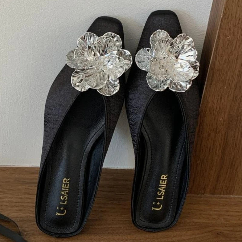 Luxury Crystal Flower Design Slippers for Women Summer 2025 Fashion Square Toe Backless Flat Sandals Elegant Party Mule Shoes