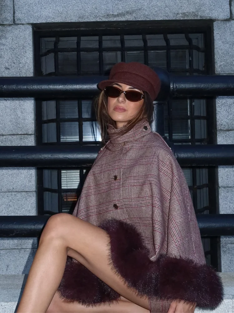 Elegant Plaid Cape Skirt 2 Piece Set Women Chic High Waist Single Breasted Faux Fur Hem Shawl Coat Suit Fall Winter Party Outfit