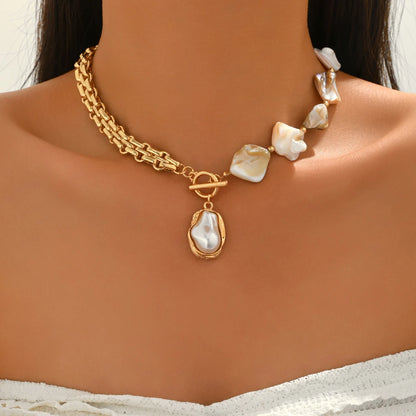 Boho Baroque Pearl Choker Necklace Asymmetric Cuban Link Chain Toggle Clasp Statement Summer Beach Jewelry Gift