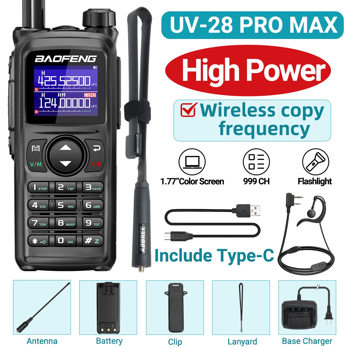 BAOFENG UV-28 PRO MAX Walkie Talkie 10W Multi-Band Wireless Copy Frequency 999CH DTMF Type-C AM FM NOAA Long Range Two Way Radio