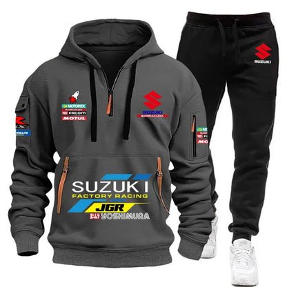 2026 Suzuki Men's Hoodie, Half-Closed Front Multi-Pocket Sport Shirt + Athletic Pants Two-Piece Set for Cycling, Running and Mot