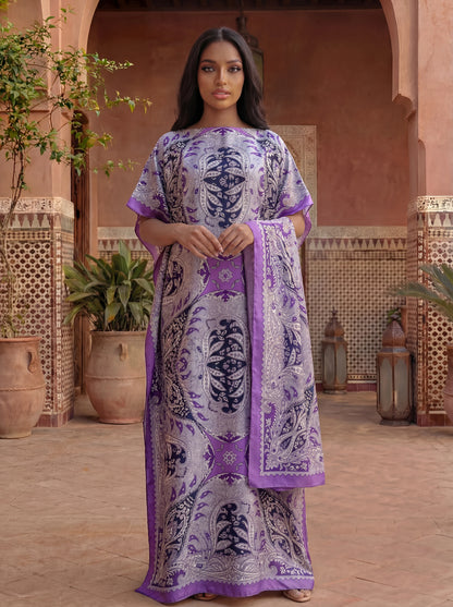 African Women's Printed Abaya With Scarf - Dubai Style Loose Boat Neck Batwing Sleeve Maxi Kaftan Dress