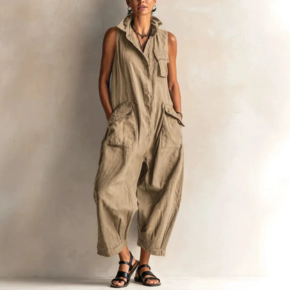 Jumpsuits Women Rompers Summer Fashion Sleeveless Lapel Loose Comfortable Solid Pocket Vacation Casual Jumpsuits Womens Clothing