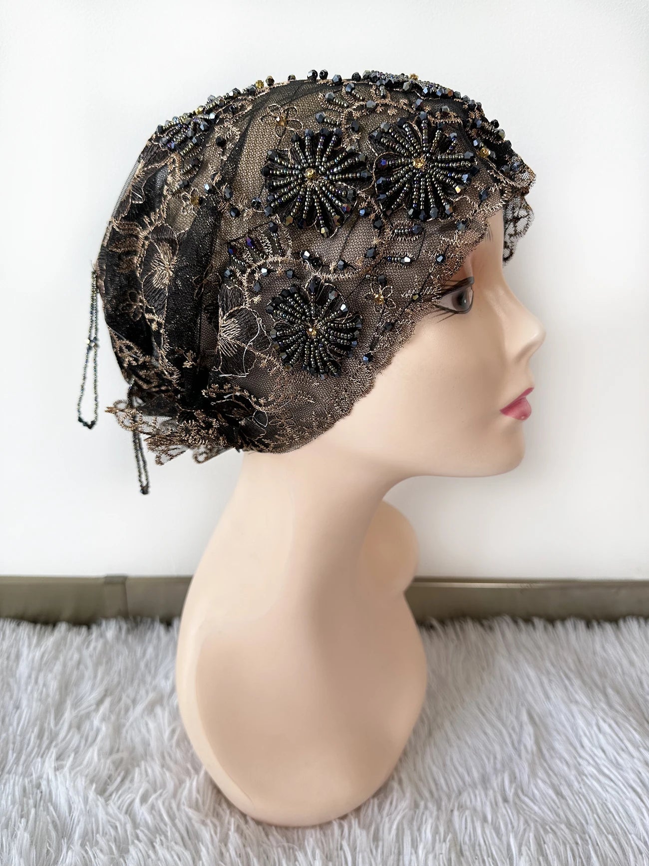 High Quality Lace handcrafted Beaded Turban Hat Female Head Wraps Caps Muslim Women Headscarf Bonnet Ready to Wear Inner Hijabs
