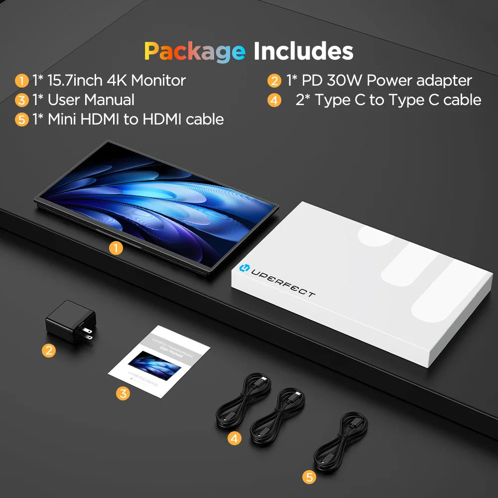 UPERFECT 4K Portable Touch Monitor 15.7" 3840 * 2160 UHD w/USB-C HDMI Laptop Display 1200:1 100% RGB IPS 10-Point Touch Screen