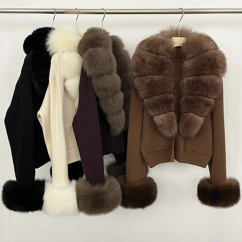 OFTBUY Loose Fit Warm Winter Fashion Lady Outerwear Sweater Female 2025 New Women's Knit Cardigan with Large Real Fox Fur Collar