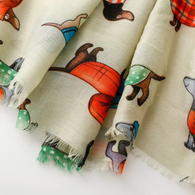 Cozy Dachshund Dog Cat Pattern Viscose Shawl for Women - 180x90Cm Fringe Detail Breathable Thin Wrap Scarves Autumn/Winter Snood