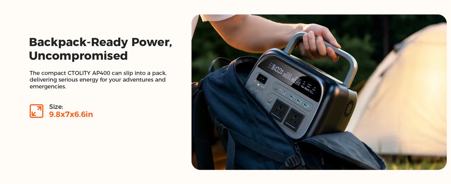 CTOLITY AP400 500W Solar Generator Portable Power Station Lifepo4 + SPC100-ETFE 100W ETFE Solar Panel Charger for Camping Power Bank Home