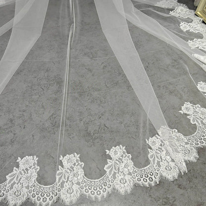 Customized Mantilla Wedding Veil with Eyelash Lace, 2.5m/3m/3.5m/4m Single Tier Long Ivory Bridal Veil with Hidden Comb
