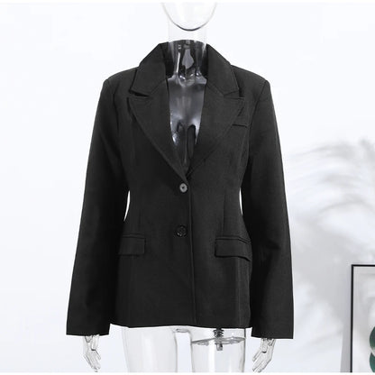 Elegant Shoulder Pad Slim Suit Jackets Women Solid Lapel Long Sleeved Jacket Female 2025 Spring Chic Daily Style Outwears Tops