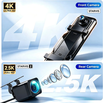 4K+2.5K Mirror Dash Cam with Front IMX678 & Rear, 10" Rear View Mirror Camera, 170° Wide-Angle, Reversing Aid, G-sensor, Looped Recording, Night Vision, 5.8GHz WiFi, External GPS, ADAS & BSD & LCA, 64G TF Card, X10 Pro Max