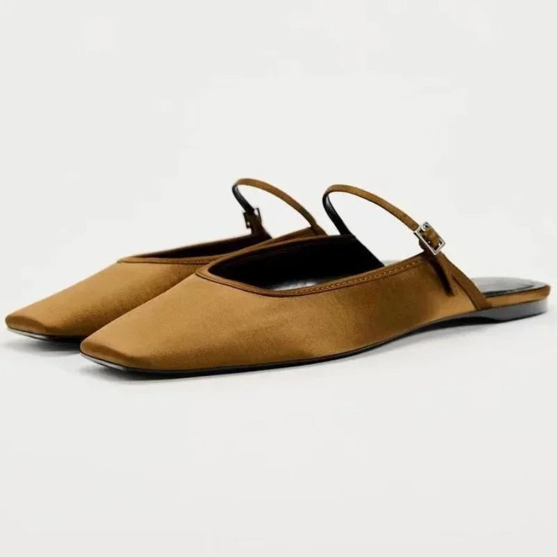 2025 Summer Mules Shoes for Women Luxury Slik Fashion Solid Square Toe Casual Lady Flat Sandals New Design Slingback Footwear
