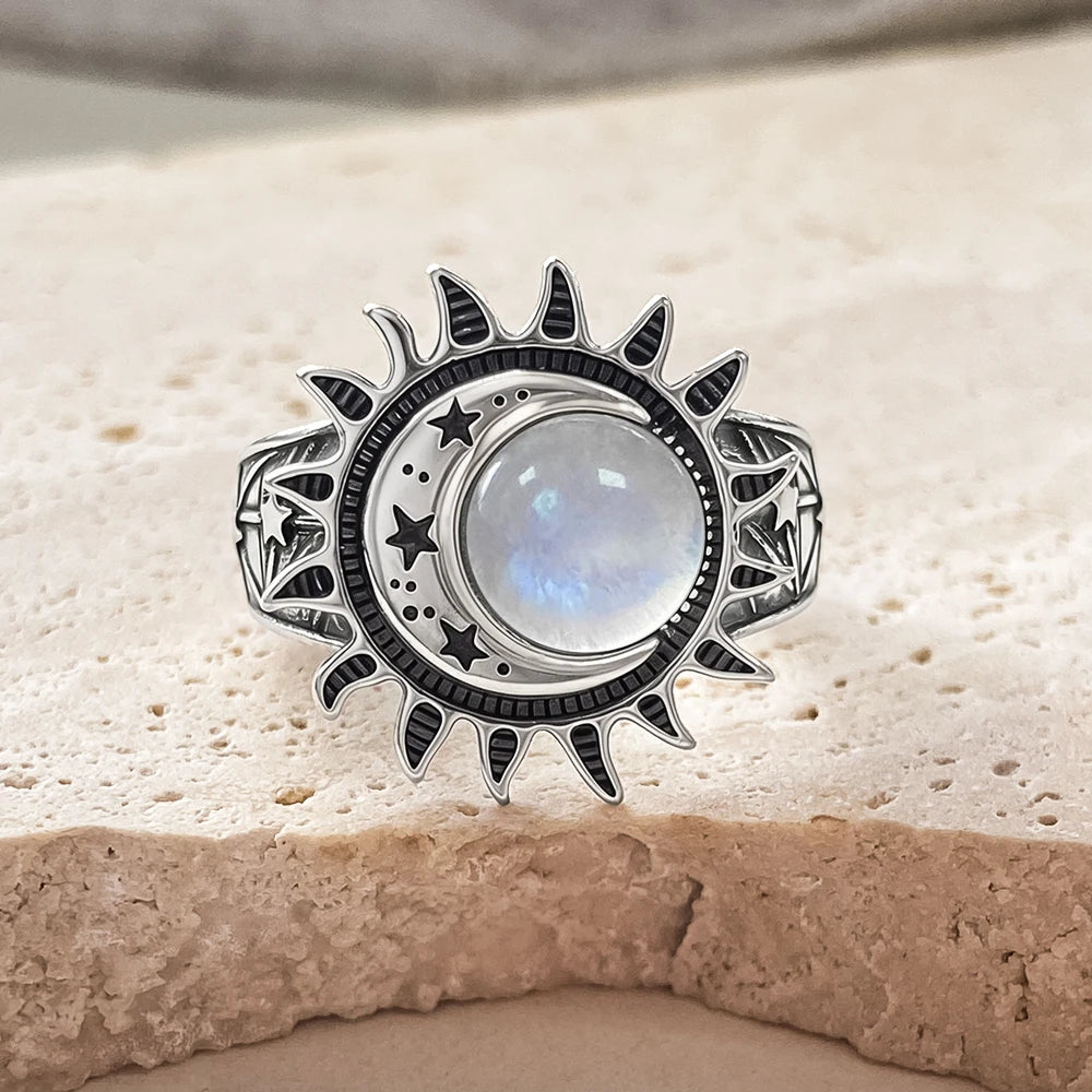 925 Sterling Silver Natural Moonstone Ring 8MM Bohemian Star Sun Moon Shape Ring Gothic Punk Style Party Gift for Women Men