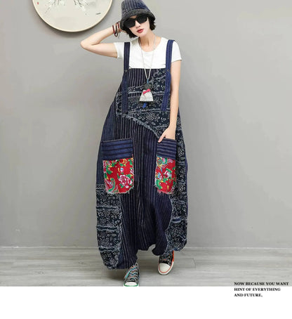 Unique Niche Women Cotton-linen Patchwork High-waist Overalls Large Pockets Sleeveless Jumpsuit LX6266