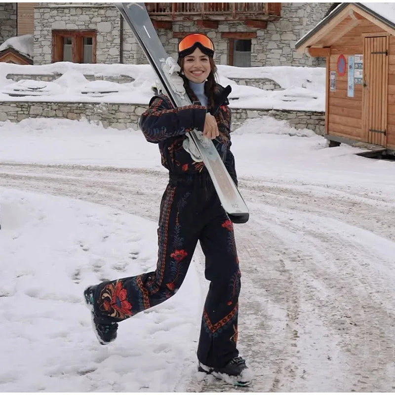 Floral Print One Piece Ski Suit Fashion Hooded Waterproof Thermal Snowboard Jumpsuit 2026 Winter Outdoor Windproof Snow Outfit