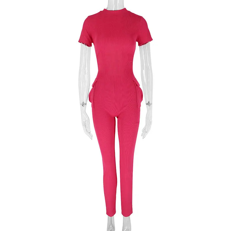 Spring New Women's Jumpsuits Sexy Sweet Pink Hollow Out Jumpsuit Streetwear Fashion Pockets Short Sleeve Female Elegant Rompers