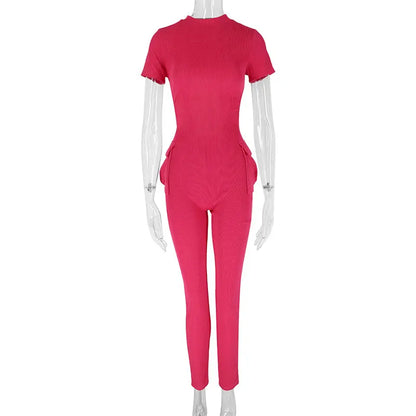 Spring New Women's Jumpsuits Sexy Sweet Pink Hollow Out Jumpsuit Streetwear Fashion Pockets Short Sleeve Female Elegant Rompers