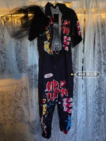New Women Cartoon Graffiti Printing One Piece Overalls Mandarin Collar Short Sleeve Jumpsuit Hip Hop Design Rompers Baggy Pants