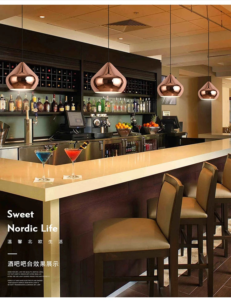 Nordic Rose Gold Pendant Lights Plated Metal Hanging Lamp Fixtures Dining Room Kitchen Island Bar Cafe Indoor Decor Lighting E27
