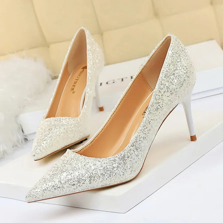 Women Luxury Bling Red  Blue Valentine Party Scarpins Pumps Lady Glitter Sequins 7cm 9.5cm High Heels Designer Shoes Plus Size