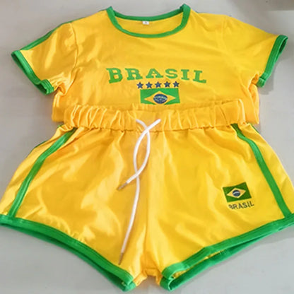 2023 Summer Women Clothing Short Sleeve T-Shirt+Drawstring Shorts 2Pcs Suit Brazil Letter Print Casual Tracksuit Fashion Outfits