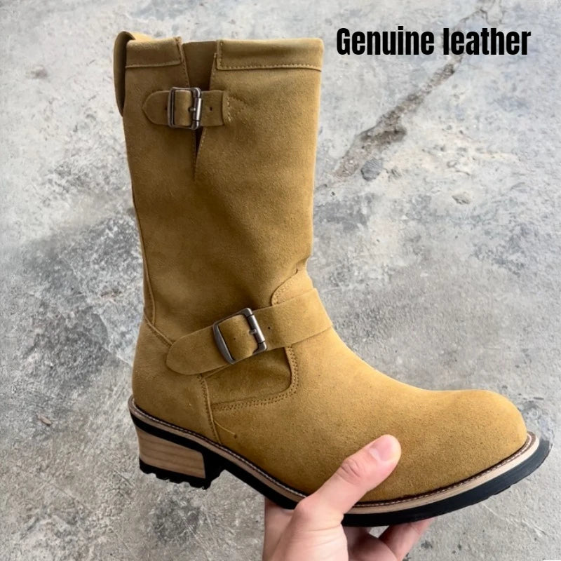 Dark Brown Suede Work Boots Men's and Women's Engineer Ort Shoes American Retro Moto Boots Faded Mid-Calf Shoes Motocross Boots