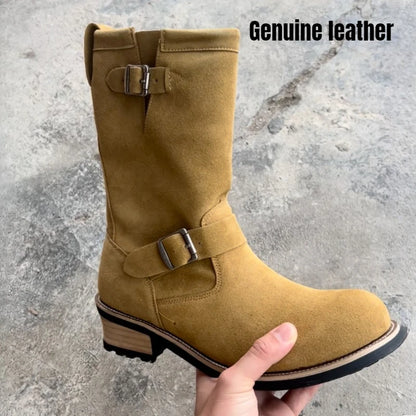 Dark Brown Suede Work Boots Men's and Women's Engineer Ort Shoes American Retro Moto Boots Faded Mid-Calf Shoes Motocross Boots