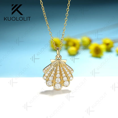 Kuololit 0.8CTW Moissanite Necklace Solid 10k 14k Yelllow Gold for Women Luxury Jewelry Shell Shape Wedding Engagement Christmas