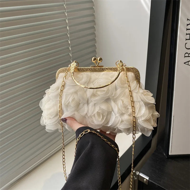Luxury Women Chain Shoulder Bag Chiffon 3D Flower Banquet Bag Fashion Evening Bags Fashion Clutch Handbag Trendy Crossbody Bag