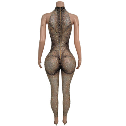 sparkling sleeveless Rhinestone crystal jumpsuits mesh stretch rompers women pole dance leotard Drag Show performance outfit
