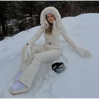 Women's Chic White Hooded Ski Jumpsuit with Waist Belt Warm Snowproof One-Piece Snow Wear Winter Sports Fashion Lady Snowsuit