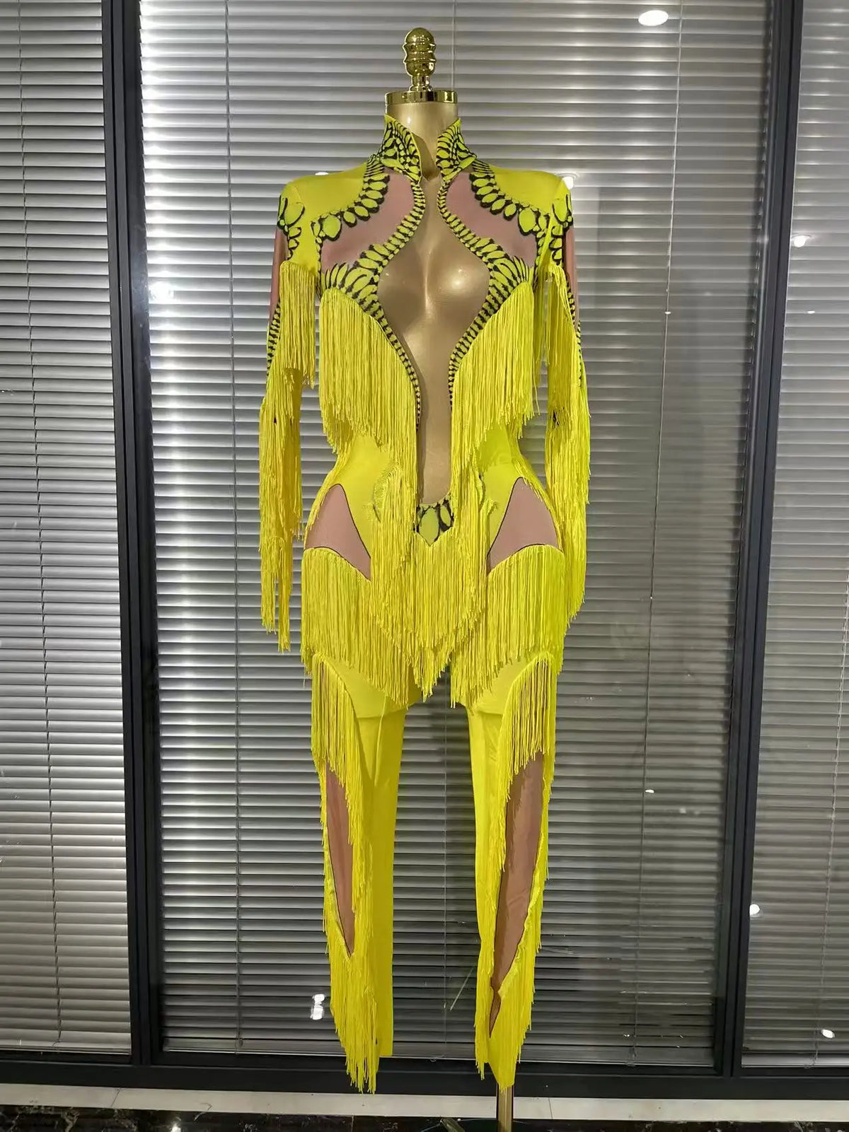 Yellow Tassel Jumpsuit Women Long Sleeve Spandex Skinny Fringe Leotard Sexy Stage Wear DJ Singer Dancer Party Show Costume