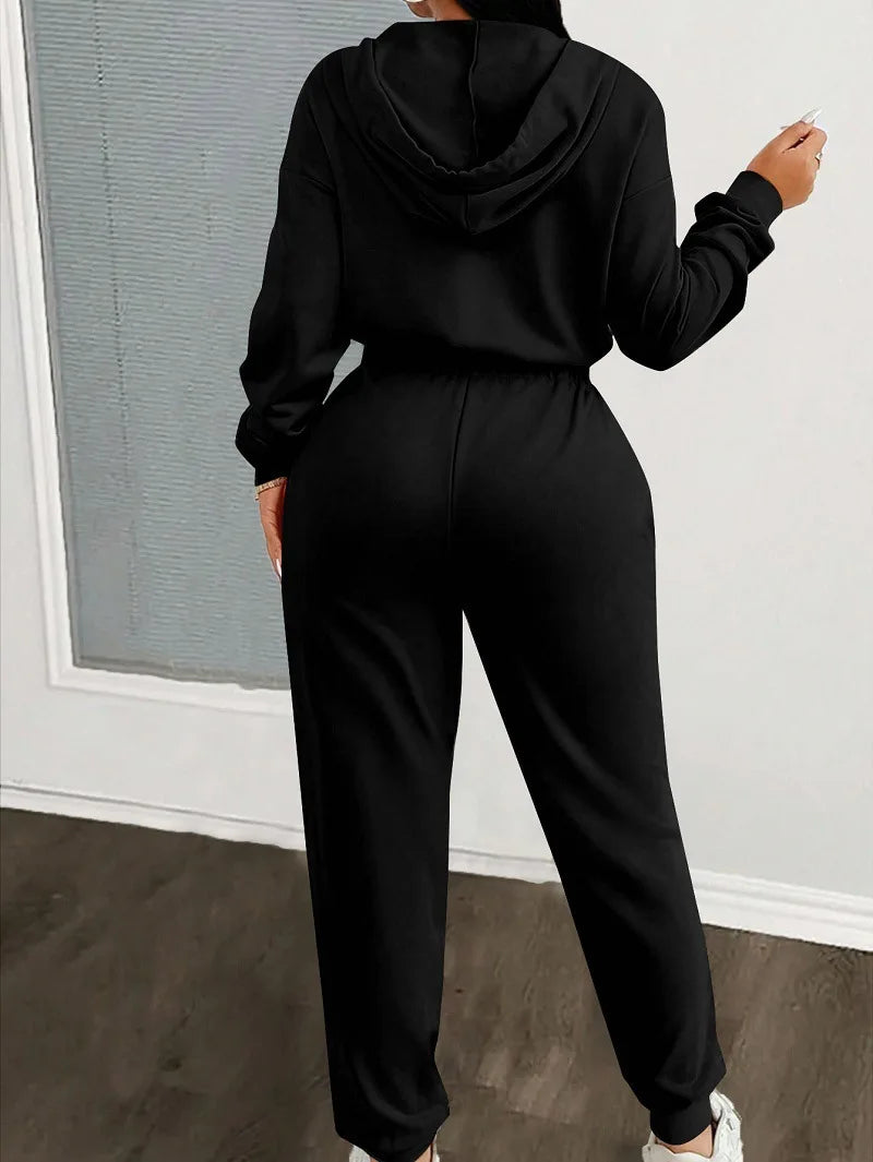 2024 Autumn And Winter New Women's Fashion Solid Color Drawstring Zipper Hooded Jumpsuit Casual Matching