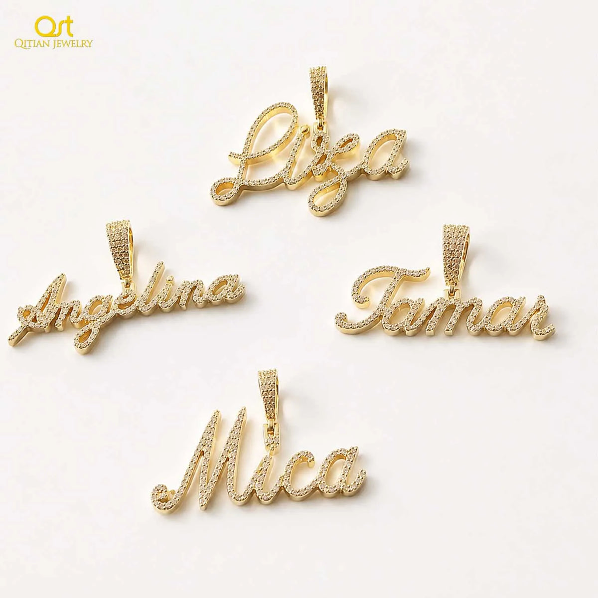Qitian Customized Cursive Name Pendant Moissanite Iced Out Personalized Name Necklace Gold Plated Custom Pendant Gift For Women