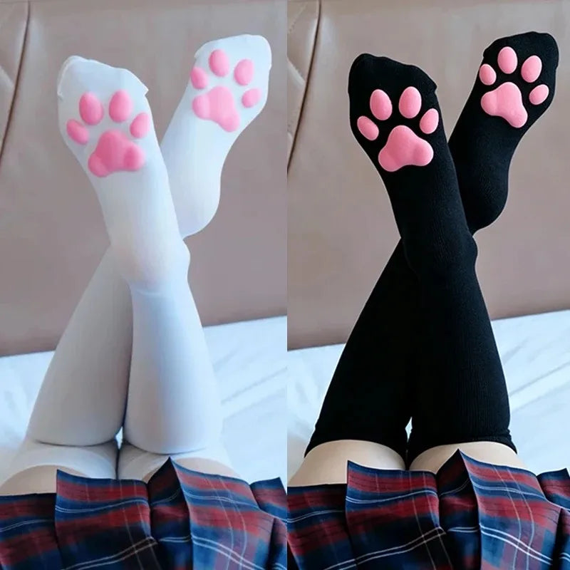 3D Cat Paw Thigh High Transparent Stockings Japanese Style Cute Pink Paw Print Sheer Tights Kawaii Lolita Cosplay Long Socks