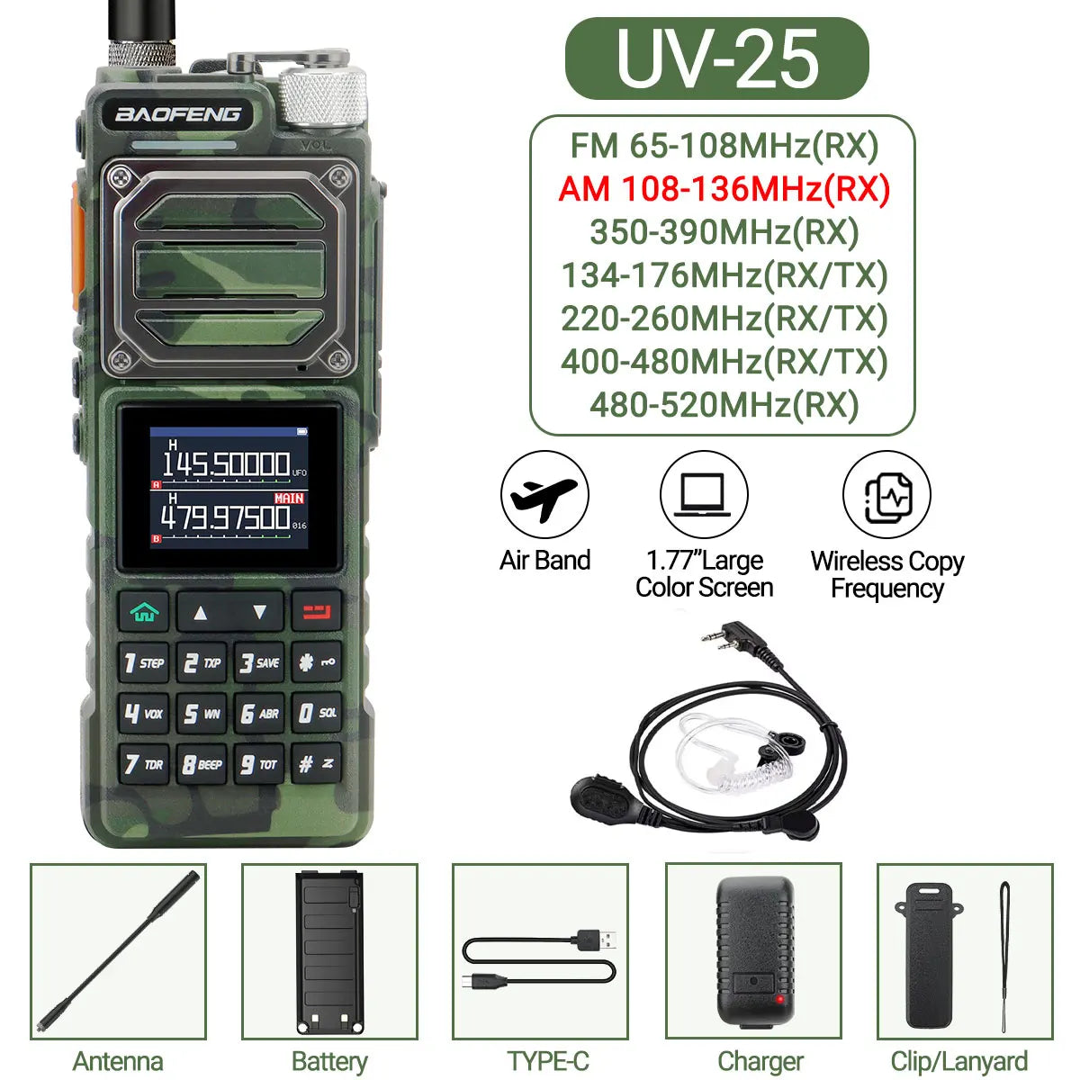 Baofeng UV-25 Air Band Walkie TalkieS Long Range UHF VHF  Wireless Copy Frequency  NOAA Type-C Charge AM Ham Two Way Radio UV-21