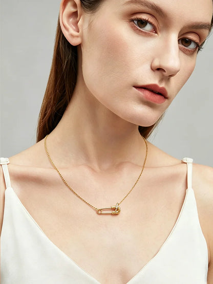 OXTAO Gold Color Paper Clip Pendant Necklace D VVS1 Moissanite Geometric Motif Necklace Chokers Women Jewelry 24K Yellow Plated