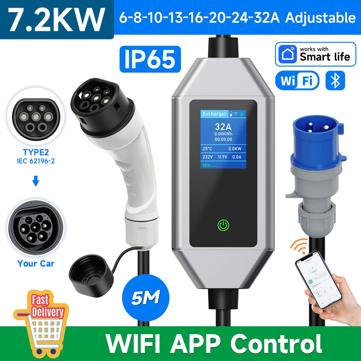JNTAFEV Portable Charger 7.2KW 32A Type2 IEC62196-2 Electric Car Charger Type1 J1772 EV Charger GB/T CEE Plug WIFI APP Control