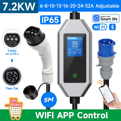 JNTAFEV Portable Charger 7.2KW 32A Type2 IEC62196-2 Electric Car Charger Type1 J1772 EV Charger GB/T CEE Plug WIFI APP Control