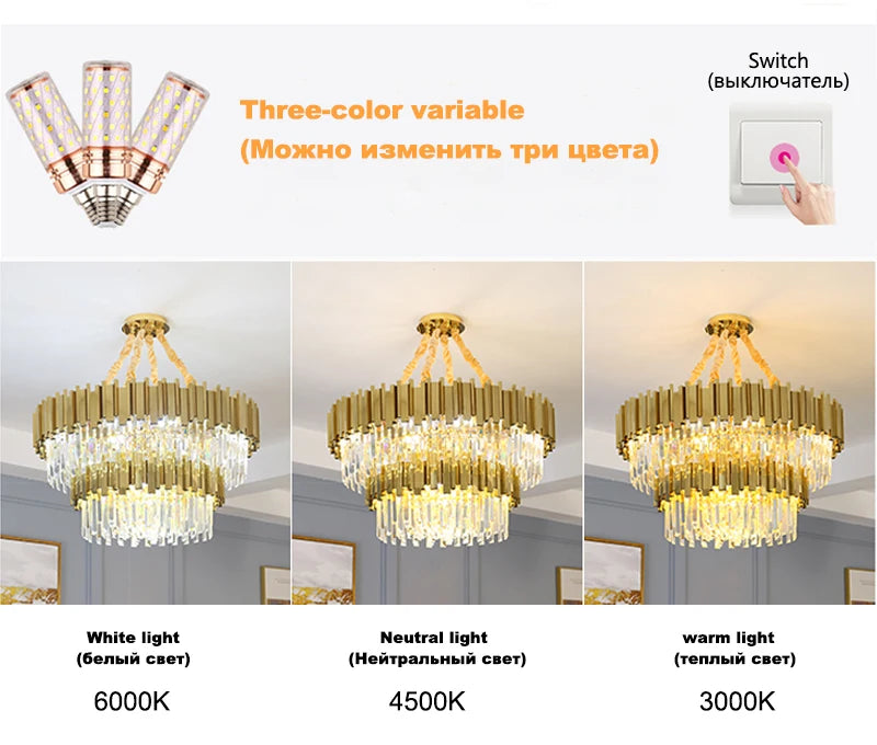 Gold K9 Crystal Tricolor Chandelier Luxury Modern LED Ceiling Light for Living Room Dining Room Bedroom Ceiling Lights