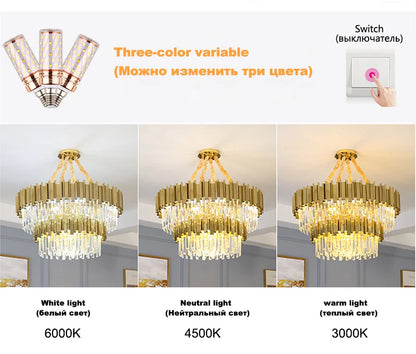 Gold K9 Crystal Tricolor Chandelier Luxury Modern LED Ceiling Light for Living Room Dining Room Bedroom Ceiling Lights