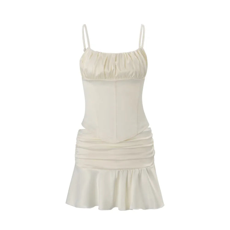 Elegant Women's Matching Sets Two Piece Outfits 2 Pieces Set For Woman French Slim Top Skirts Ruffles Solid Color Straps Pleated