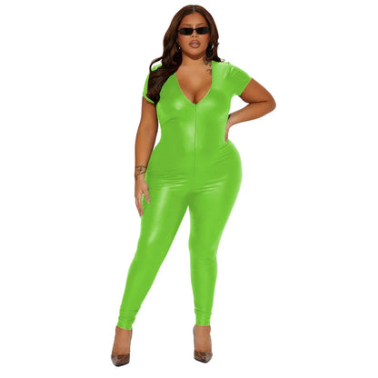 Deep V-neck Women Bodycon Jumpsuits Matte PU Leather Short Sleeve Skinny Zentai Ravely Party Club Stage Performance 8XL